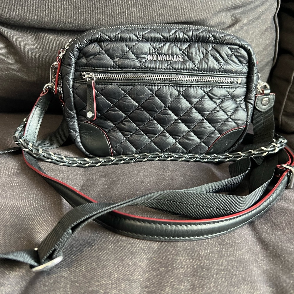 MZ Wallace crossbody bag in black with silver hardware.